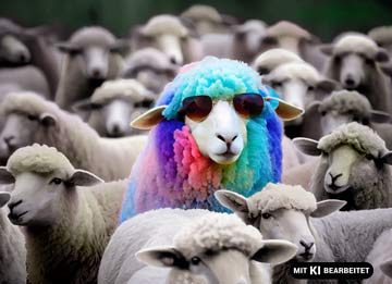 Buntes Schaf in einer grauen Schafherde