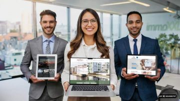 Drei Immobilienmakler halten PCs und Tablets mit ihren Maklerwebauftritten in die Kamera