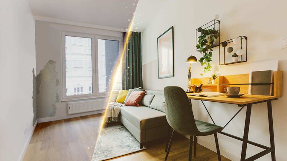 Immobilien für den Verkauf aufwerten durch Home Staging Vorher-/Nachher-Zustand eines durch Home Staging aufgewerteten Zimmers