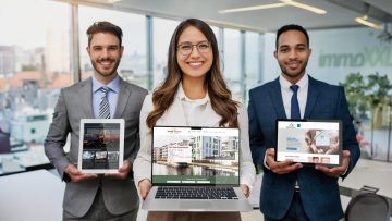 Drei Immobilienmakler halten PCs und Tablets mit ihren Maklerwebauftritten in die Kamera