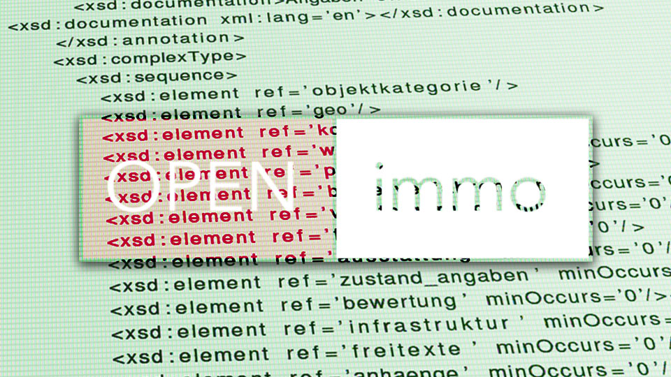 OpenImmo-Logo vor einem Textauszug aus einer OpenImmo-XML-Datei