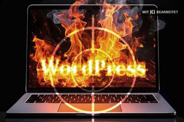 WordPress ist häufig Ziel von Hacker-Angriffen. Brennendes Notebook