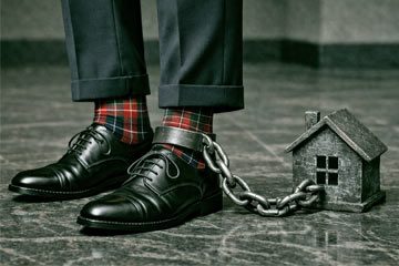 Fu� eines Anzugtr�gers ist an ein Eisenhaus gekettet.